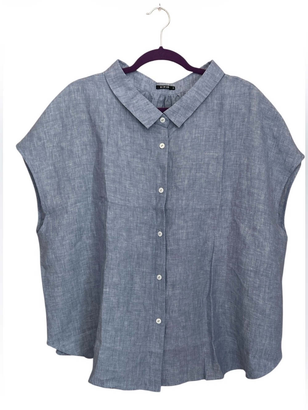 Vivid Linen Cap Sleeve Collared Button Down Blouse Top Size 2X